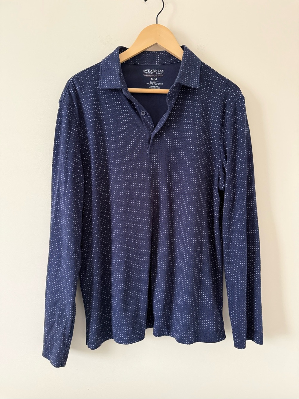 KENNETH COLE | Men’s Navy Long-Sleeve Polo with MicroDot pattern (size medium)